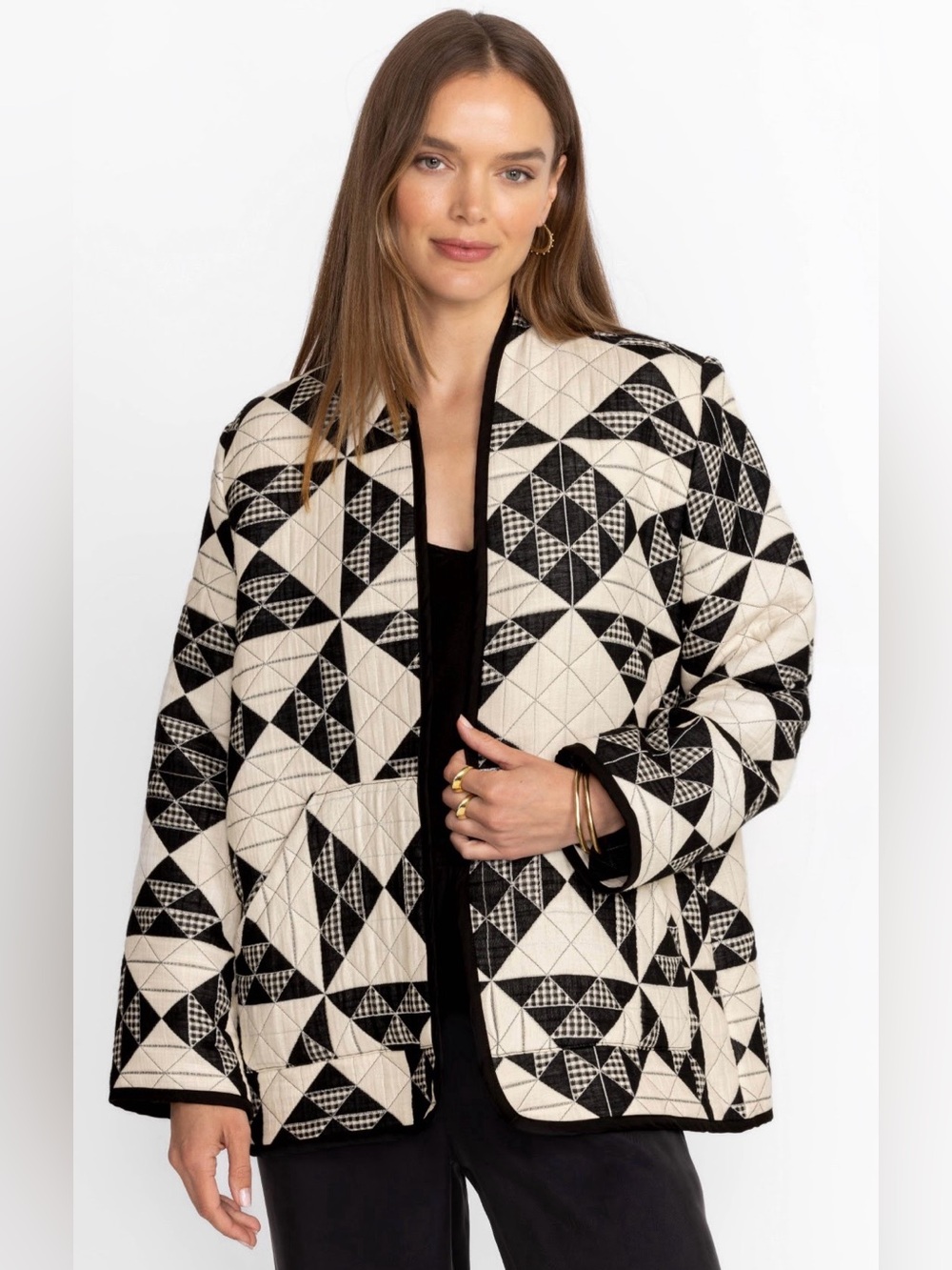 Johnny Was Black & Cream Geometric Quilted Jacket